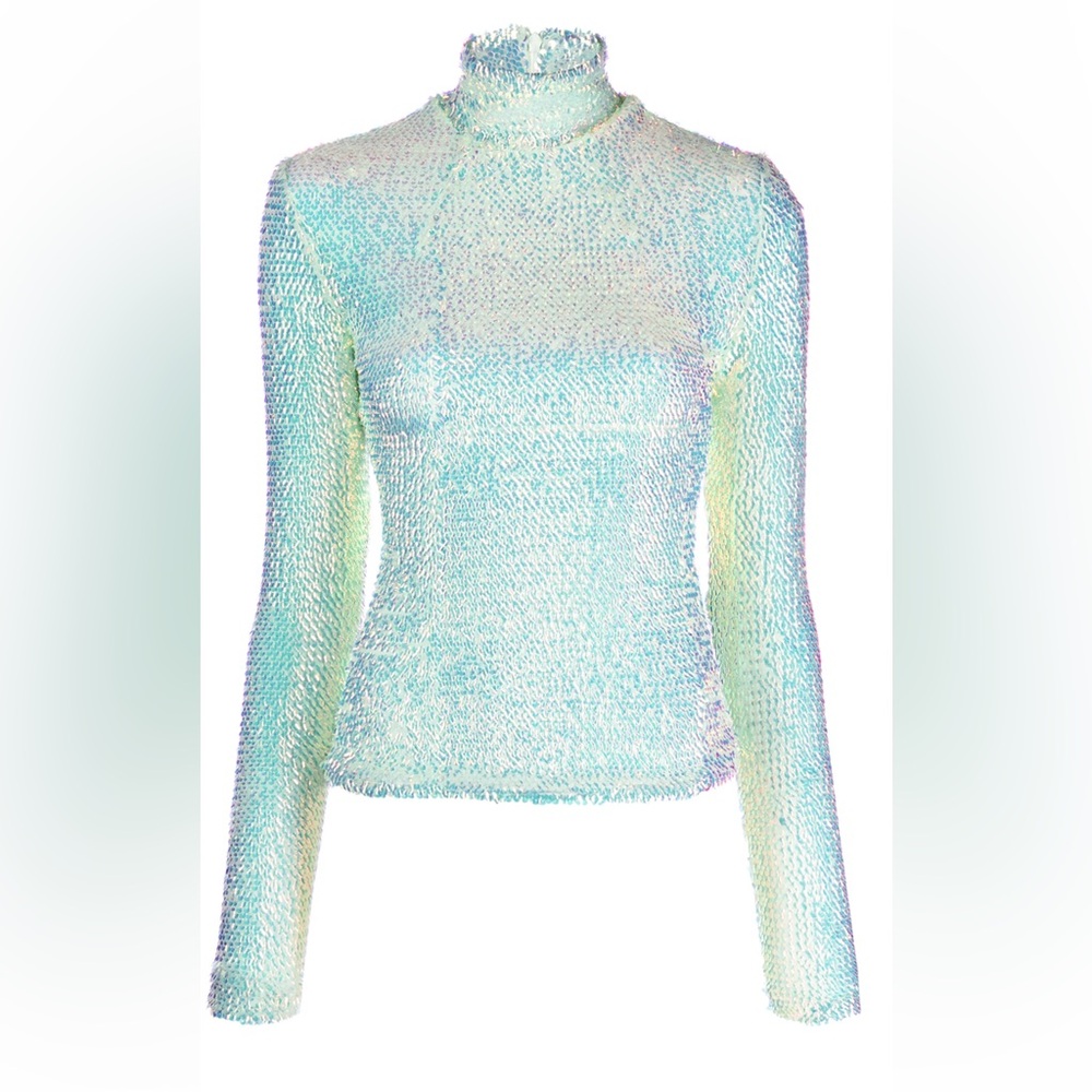 A.W.A.K.E. Mode Iridescent Sequin Glitter Turtleneck Tulle Top Trinny Woodall